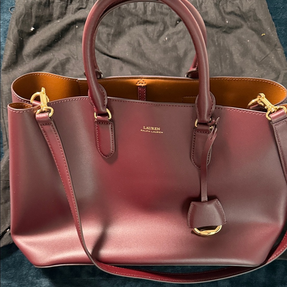 Lauren Ralph Lauren Wine Burgundy Leather Satchel with Gold Hardware